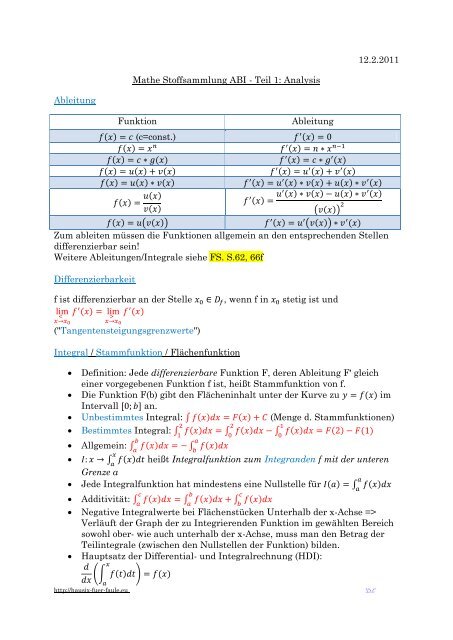 12.2.2011 Mathe Stoffsammlung ABI - Teil 1: Analysis Ableitung ...