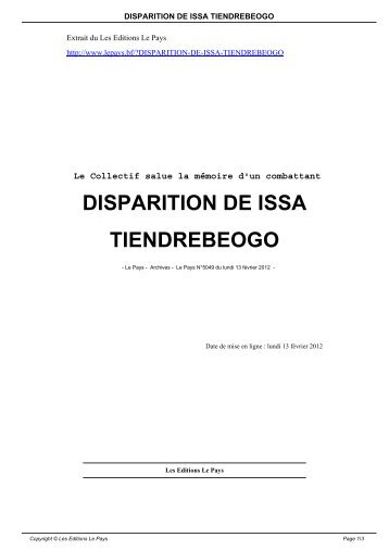 DISPARITION DE ISSA TIENDREBEOGO - Le Pays