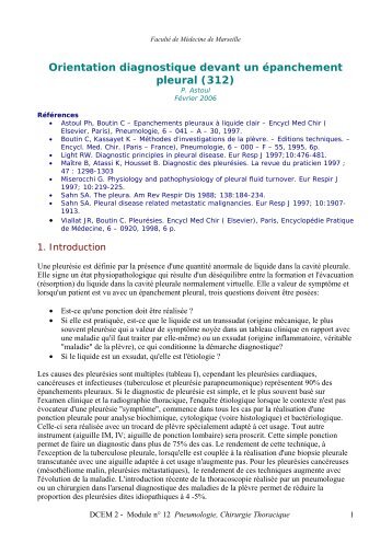 Orientation diagnostique devant un épanchement pleural (312)