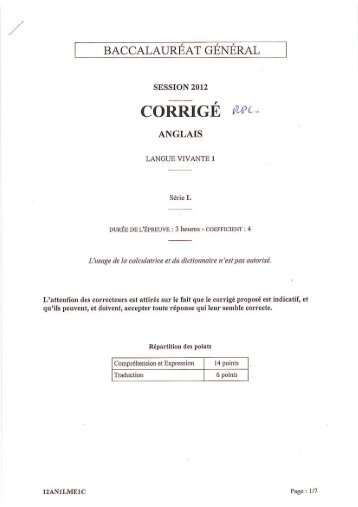 Corrigé du bac L - Anglais LV1 2012 - Métropole - Sujet de bac