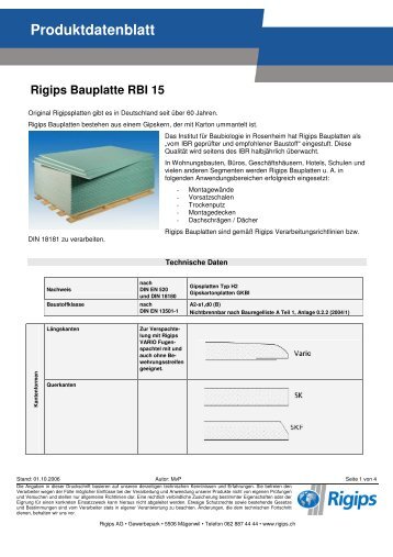 Produktdatenblatt Rigips Bauplatte RBI 15