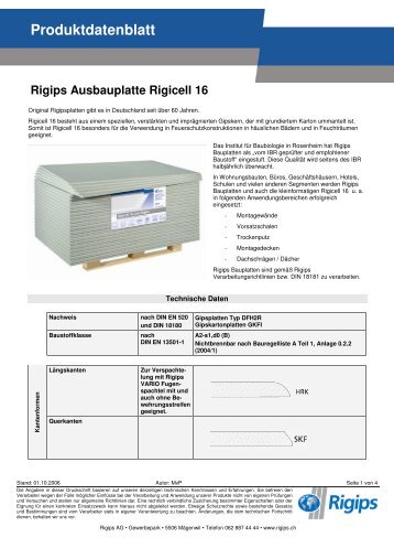 Produktdatenblatt Rigips Ausbauplatte Rigicell 16