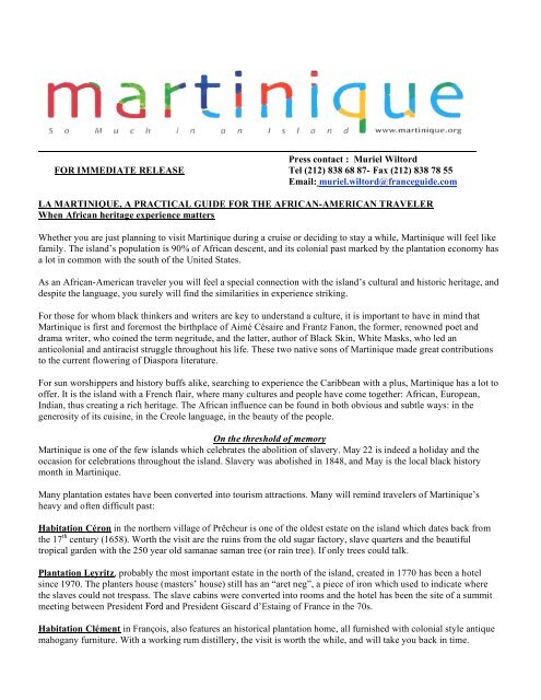 Muriel Wiltord FOR IMMEDIATE RELEASE Tel - Martinique