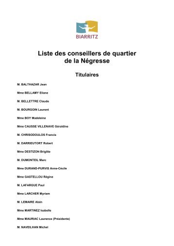 Liste des conseillers de quartier de la Négresse Titulaires - Biarritz