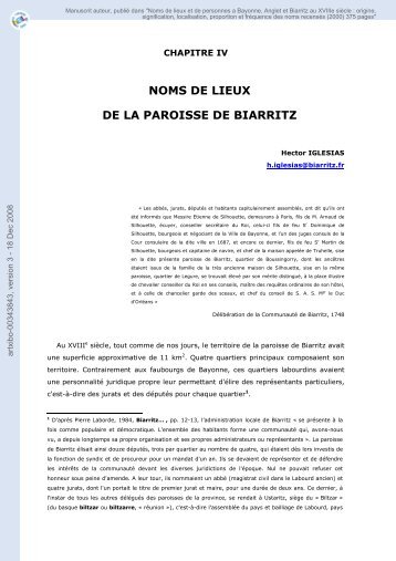 NOMS DE LIEUX DE LA PAROISSE DE BIARRITZ