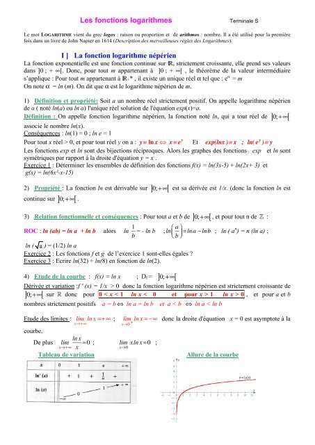 Les fonctions logarithmes I ] La fonction logarithme népérien