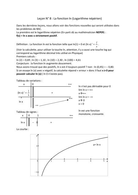 Leçon N° 8 : La fonction ln (Logarithme népérien)