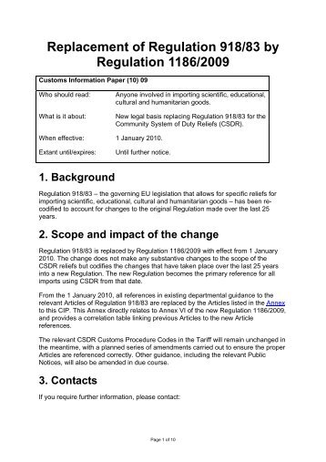 Replacement of Regulation 918/83 by Regulation 1186/2009