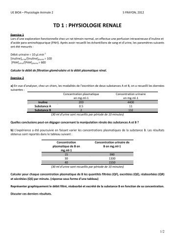 TD 1 : PHYSIOLOGIE RENALE - SVT NC