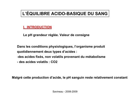 L'équilibre acido-basique du sang - UFR des Sciences de la Vie