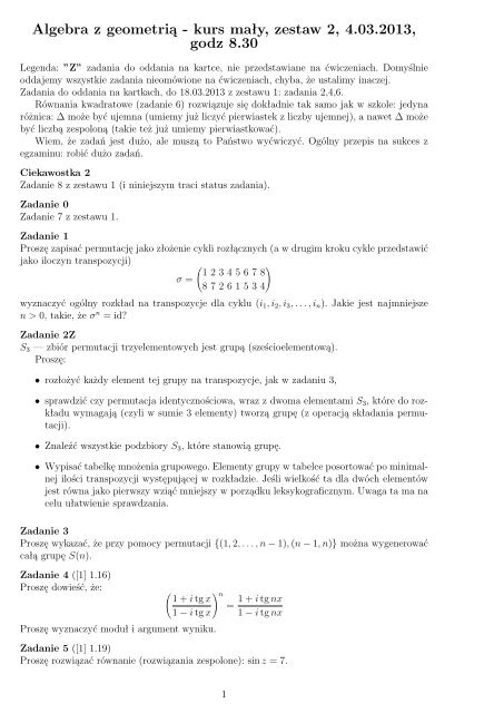 Algebra z geometrią - kurs mały, zestaw 2, 4.03.2013, godz 8.30