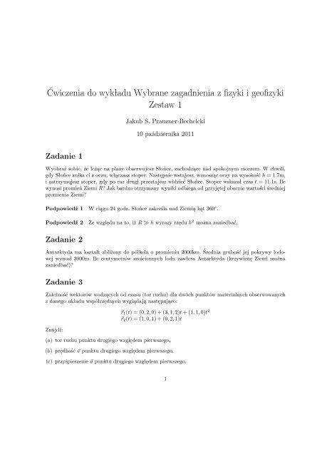 Ćwiczenia do wykładu Wybrane zagadnienia z fizyki i geofizyki ...