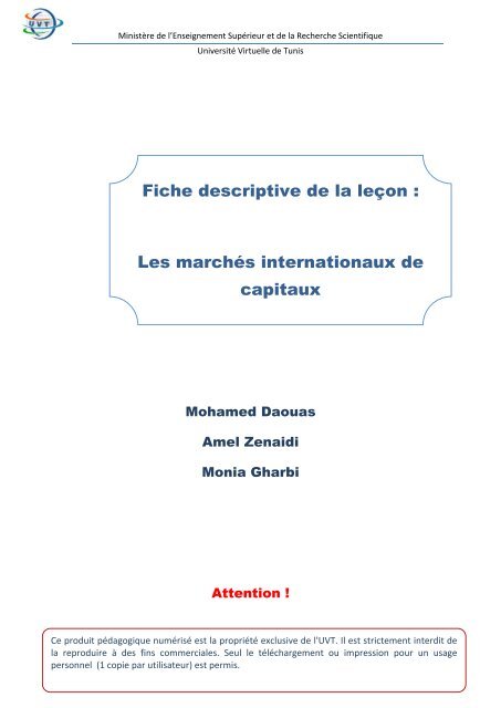 Les marchés internationaux de capitaux - Université Virtuelle de Tunis