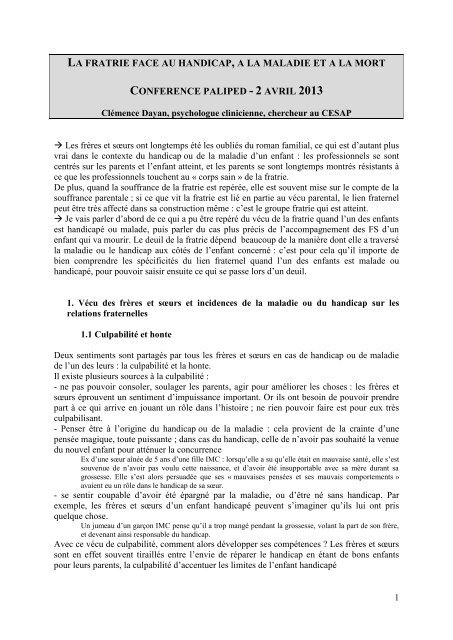 La fratrie face au handicap et à la mort - Paliped