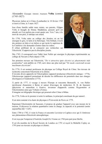 Physicien italien né à Côme (Lombardie) le 18 février 1745 et mort à ...