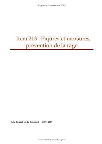 Item 213 : Piqûres et morsures, prévention de la rage