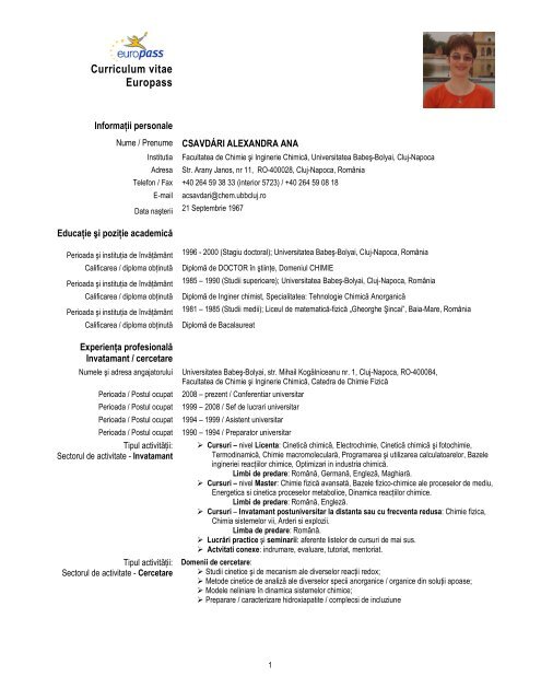 Curriculum Vitae Europass Facultatea De Chimie Si Inginerie Chimică