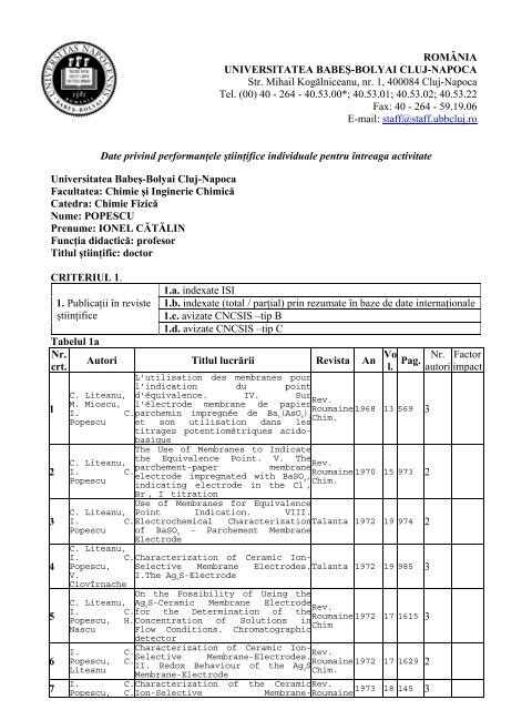 BOLYAI CLUJ-NAPOCA Str. Mihail - Facultatea de Chimie şi ...