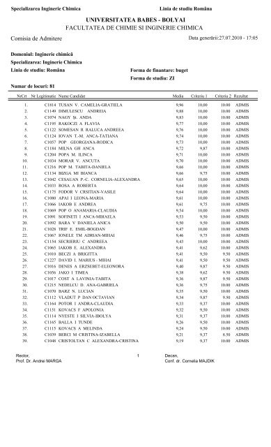 Inginerie ChimicÄƒ Linia RomanÄƒ Buget Si TaxÄƒ Facultatea De