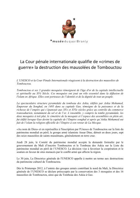 La Cour pénale internationale qualifie de - musée du quai Branly