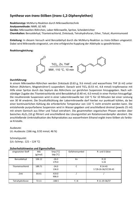 Synthese von trans-Stilben (trans-1,2-Diphenylethen)