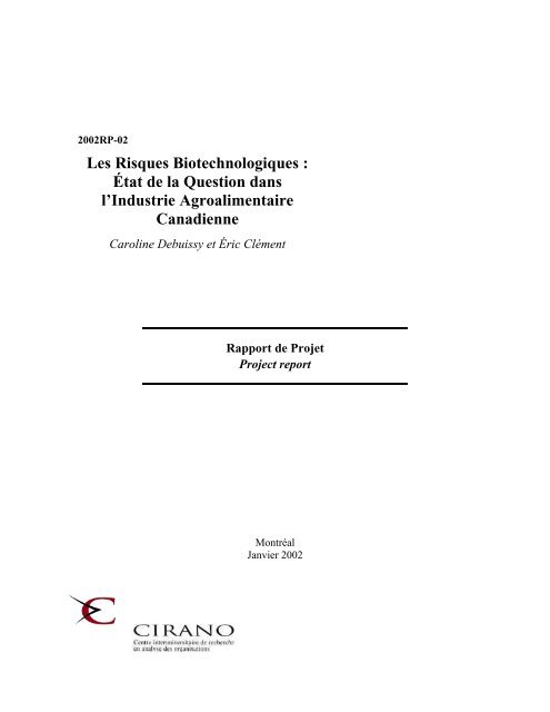 Les Risques Biotechnologiques : État de la Question dans l ... - cirano