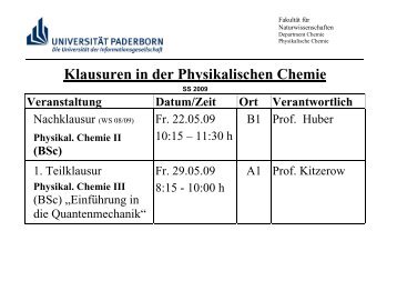 Klausuren in der Physikalischen Chemie - Department Chemie der ...