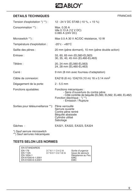 ABLOY® EL460, EL461, EL462, EL463, EL560, EL561, EL562, EL563