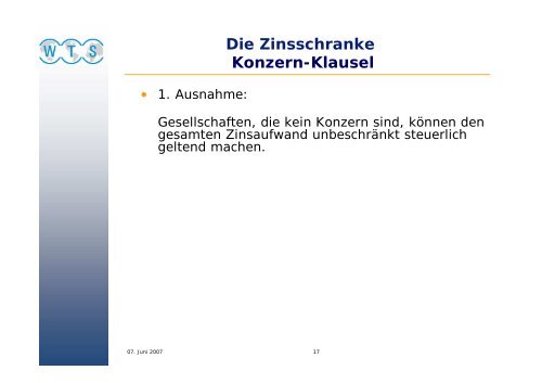 Die Zinsschranke Eigenkapitalvergleich - WTS Aktiengesellschaft ...