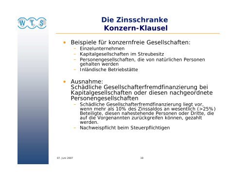 Die Zinsschranke Eigenkapitalvergleich - WTS Aktiengesellschaft ...