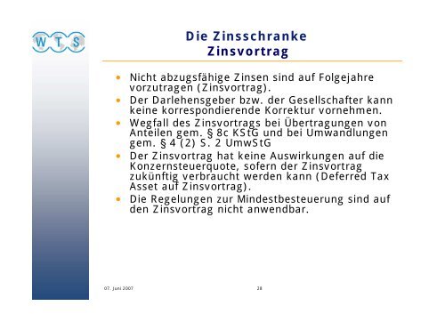 Die Zinsschranke Eigenkapitalvergleich - WTS Aktiengesellschaft ...