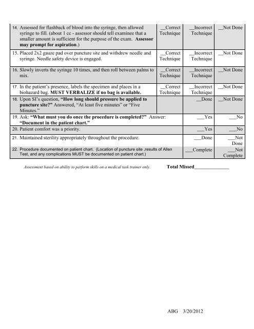 Procedural Skills Instruction Arterial Blood Gas (ABG) Checklist