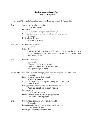 Eugène Ionesco : Rhinocéros Le début de la pièce a ... - AgentCobra