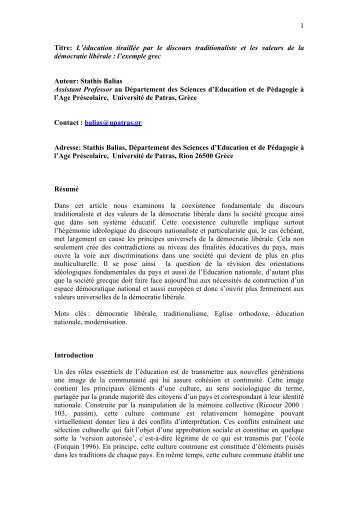 1 Titre: L'éducation tiraillée par le discours traditionaliste et les ...