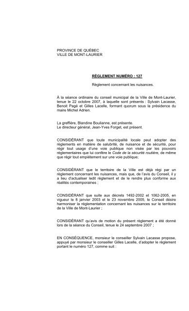 Règlement 127 concernant les nuisances - Ville de Mont-Laurier