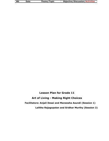 Lesson Plan for Grade 11 Art of Living - Making Right Choices