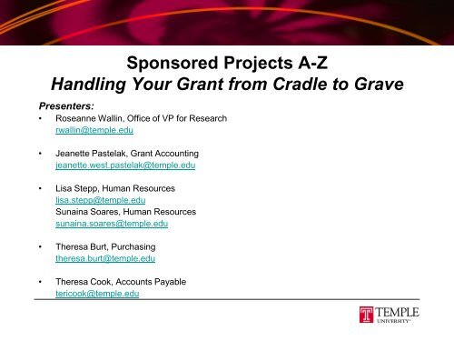 Sponsored Projects A-Z Handling Your Grant from Cradle to ... - chpsw