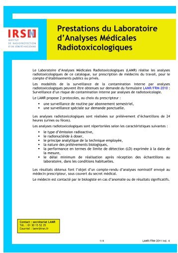 Prestations du Laboratoire d'Analyses Médicales Radiotoxicologiques