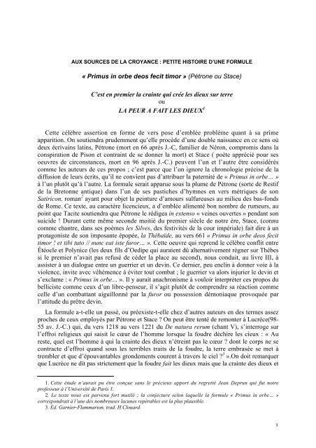 Primus In Orbe Deos Fecit Timor » (Pétrone Ou Stace) - Chspm ...