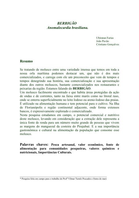 BERBIGÃO Anomalocardia brasiliana. Resumo