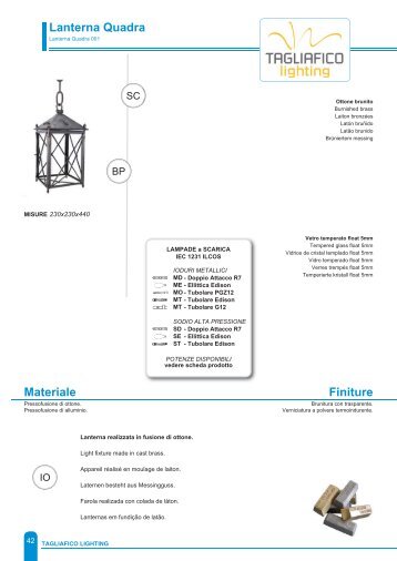 Materiale Finiture Lanterna Quadra - Tagliafico Lighting