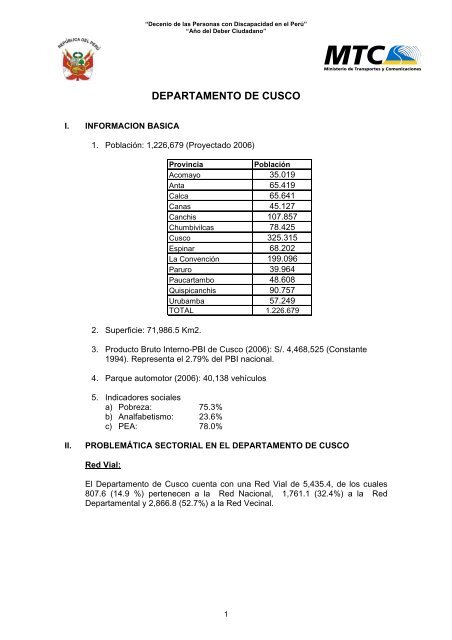 Cusco - Ministerio de Transportes y Comunicaciones