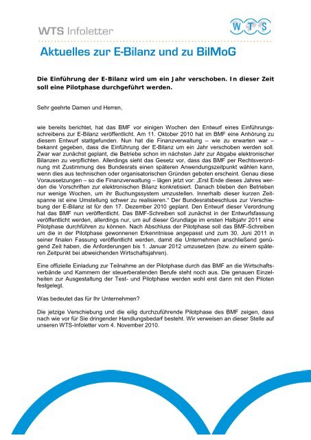 Aktuelles zur E-Bilanz und zu BilMoG - WTS Aktiengesellschaft ...