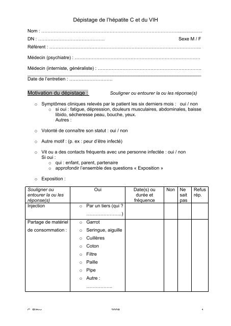Questionnaire de dépistage - Catherine Ritter