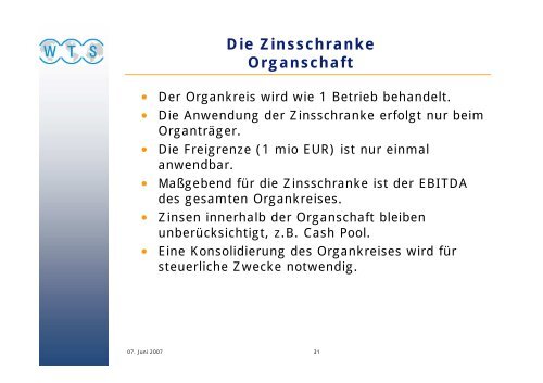 Die Zinsschranke Eigenkapitalvergleich - WTS Aktiengesellschaft ...