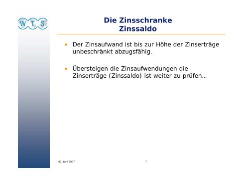 Die Zinsschranke Eigenkapitalvergleich - WTS Aktiengesellschaft ...