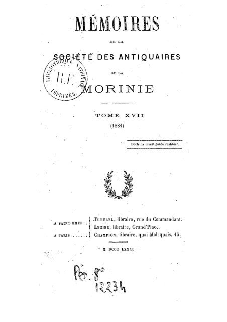 Mémoires 1881 Tome 17 - Ouvrages anciens sur Saint-Omer (Pas ...