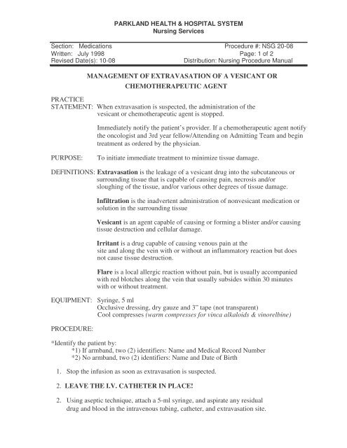 Practice Management Of Extravasation Of A Vesicant Or Parkland