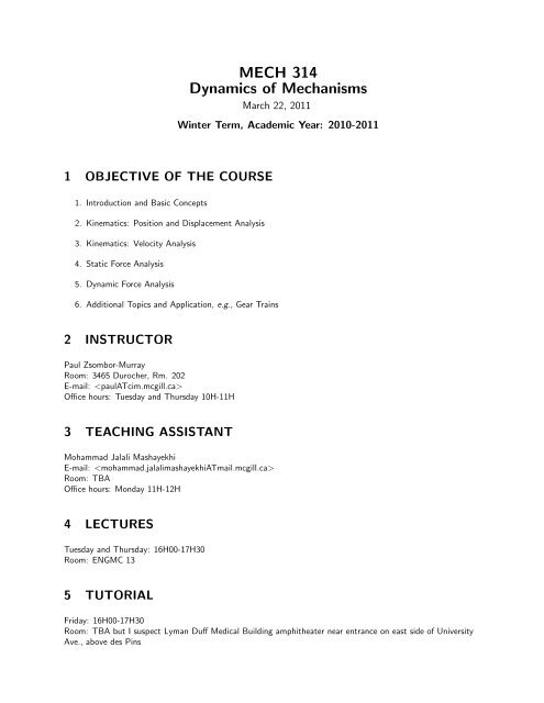 MECH 314 Dynamics of Mechanisms - CIM - McGill University