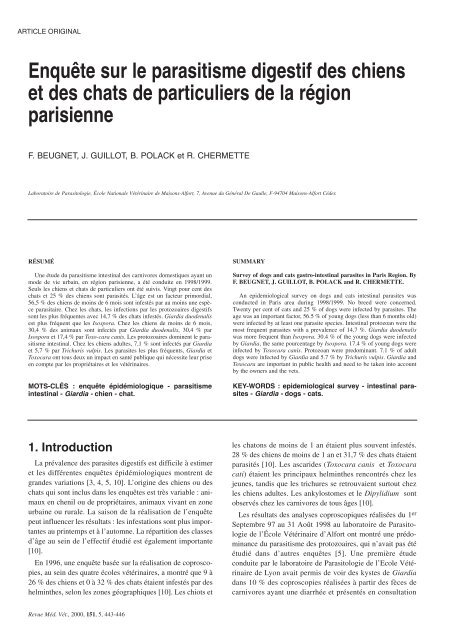 Enquête sur le parasitisme digestif des chiens et des chats de ...